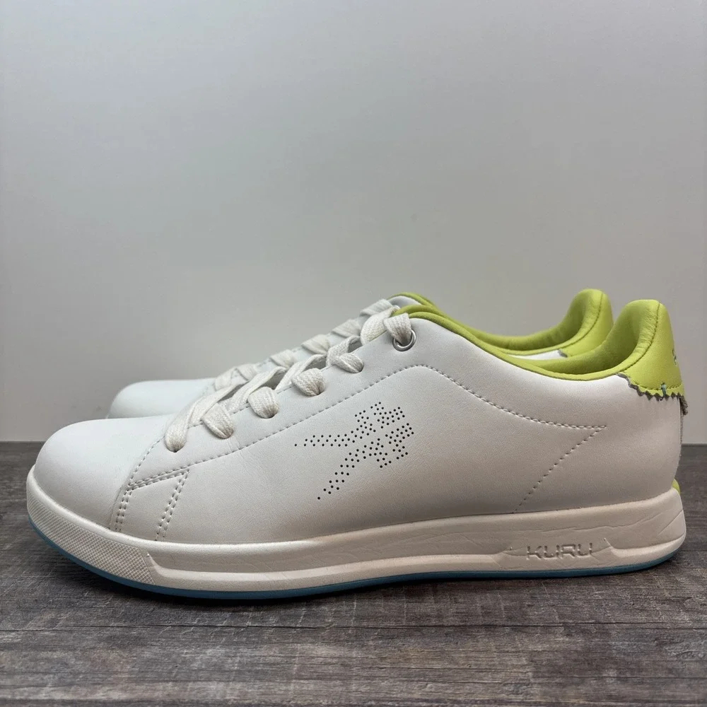 KURU Roam Women's 9 Classic Court Sneaker Leather‎ Shoe Bright White-Pale Lime